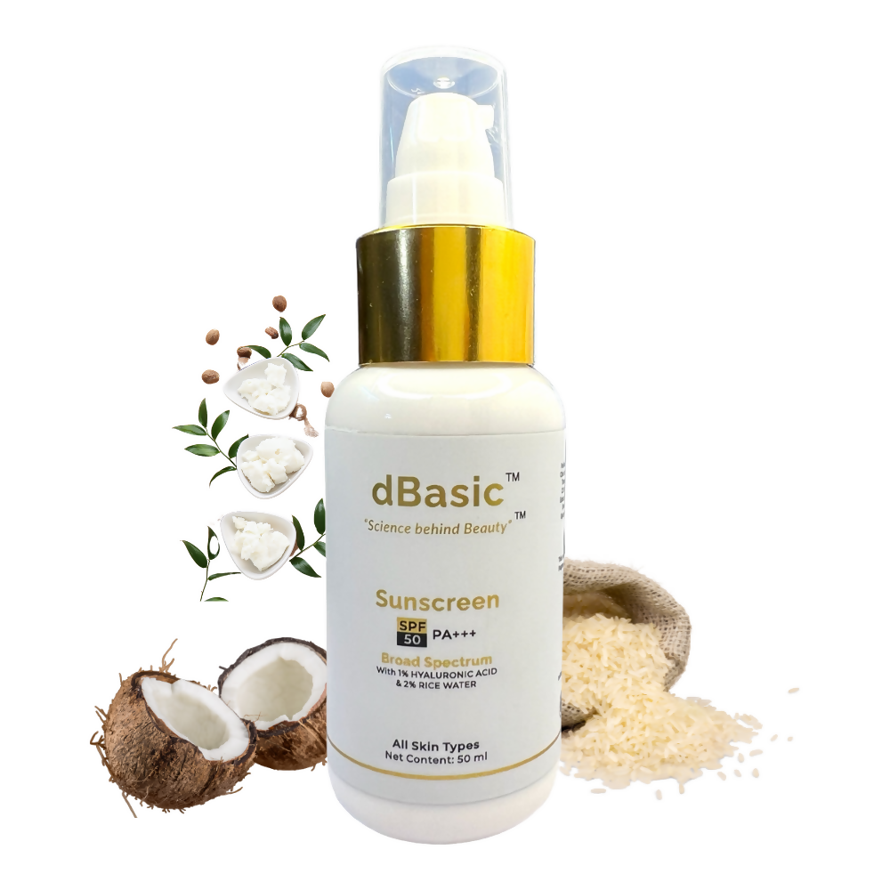 dBasic Sunscreen SPF50 PA+++ UVA/UVB, Blue Light Filter, Rice Water, Shea Butter & No White Cast | Grocsy