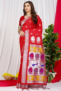 Jyoti Fashion Women's Red Paithani Silk Zari Woven Saree with Blouse | Grocsy