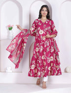Miravan Womens Pink Floral Printed Angrakha Kurta With Dupatta | Grocsy