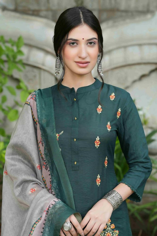 Juniper Bottle Green Mono Viscose Festive Wear Embroidered Straight Kurta Pant Dupatta Set | Grocsy