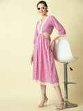 Myshka Women's Pink Floral Printed Fit and Flare Dress | Grocsy