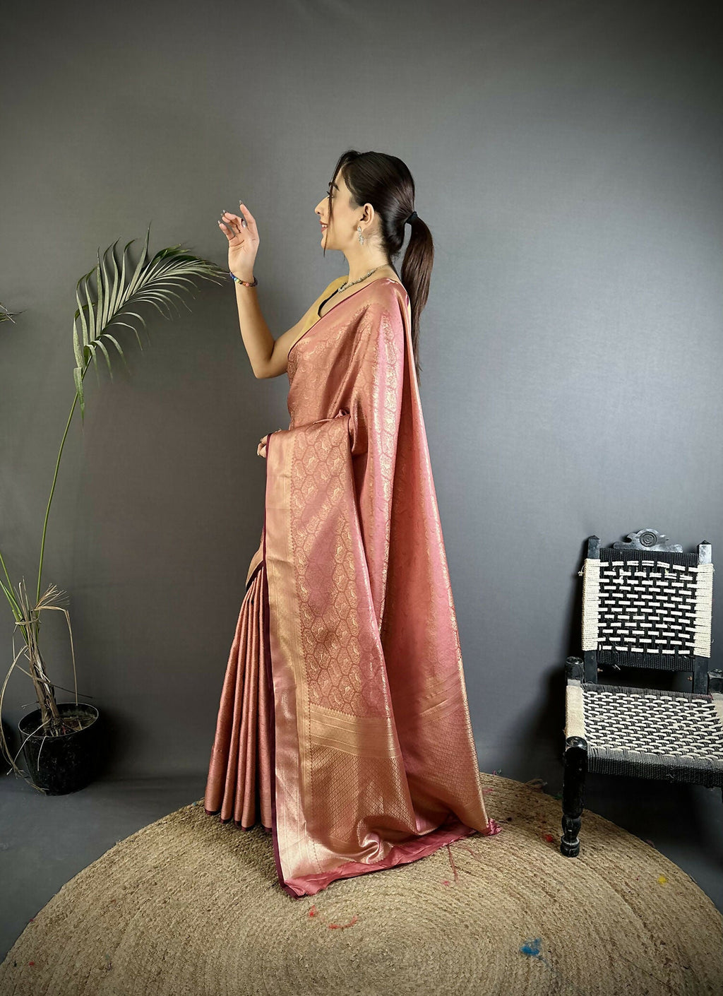 Joban Fashion Rose Gold Paisley & Floral Soft Satin Silk Banarasi Silk Saree | Grocsy
