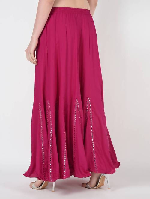 Mominos Fashion Magenta Viscose Rayon Flared Palazzo with Mirror Lace Work | Grocsy