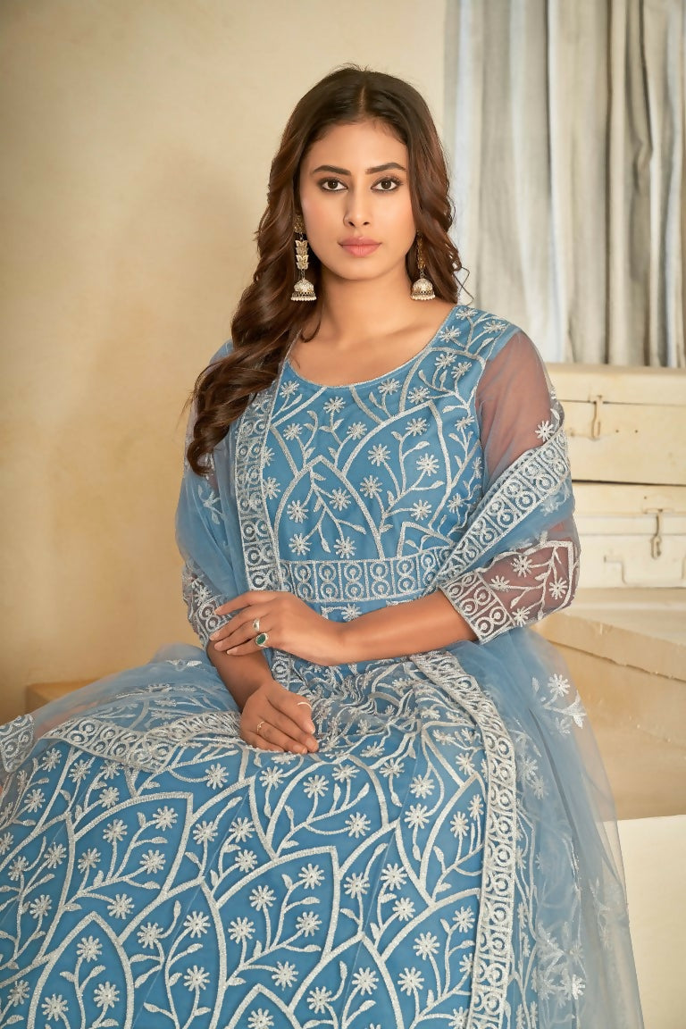 Jyoti Fashion Women's Sky Blue Net Embroidered Anarkali Kurta Pant Set With Dupatta | Grocsy