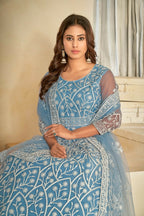 Jyoti Fashion Women's Sky Blue Net Embroidered Anarkali Kurta Pant Set With Dupatta | Grocsy