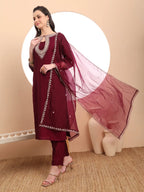 Yufta Burgundy Embroidered Kurta With Pant And Dupatta Comes With Cotton Lining | Grocsy