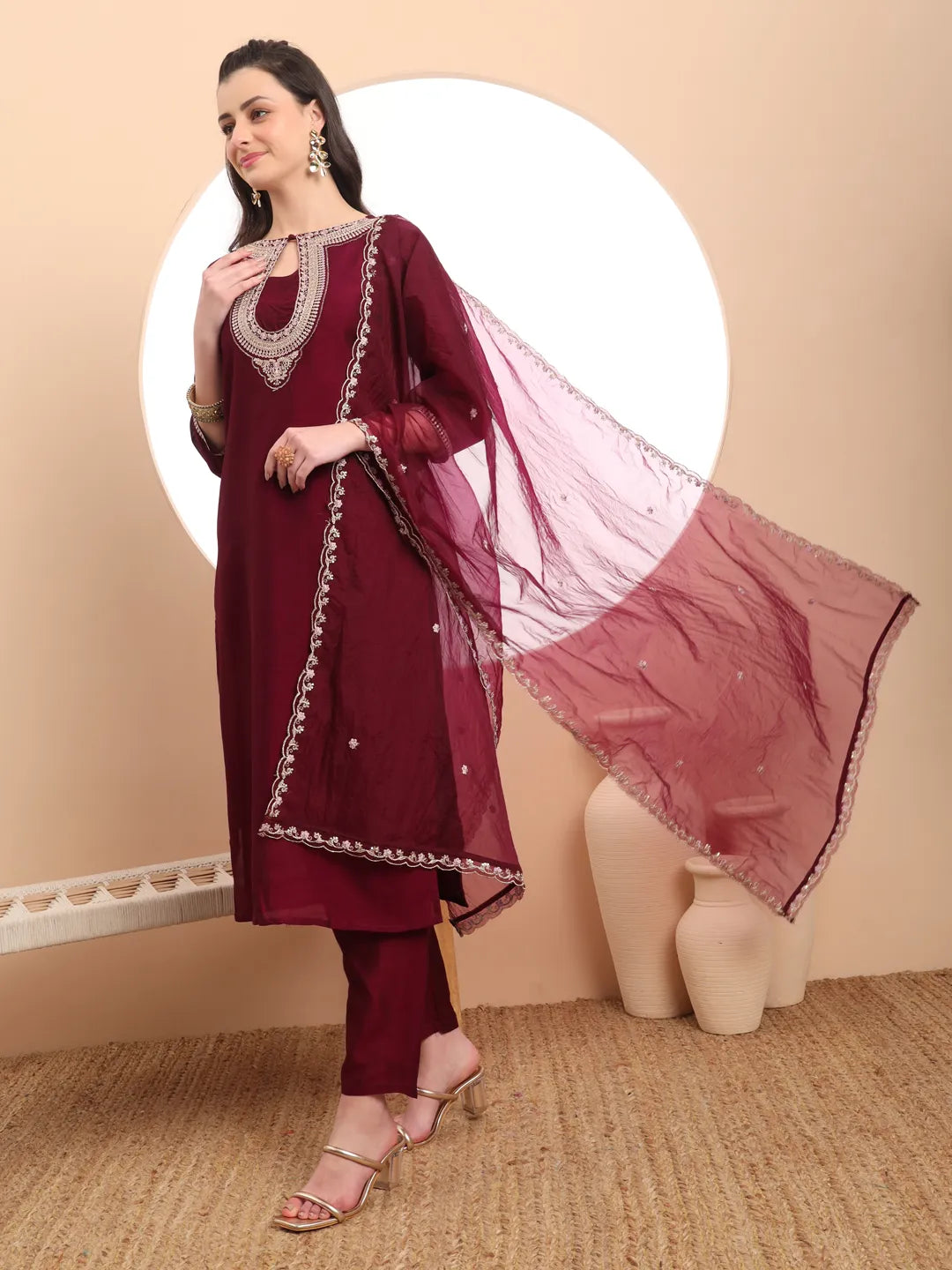 Yufta Burgundy Embroidered Kurta With Pant And Dupatta Comes With Cotton Lining | Grocsy