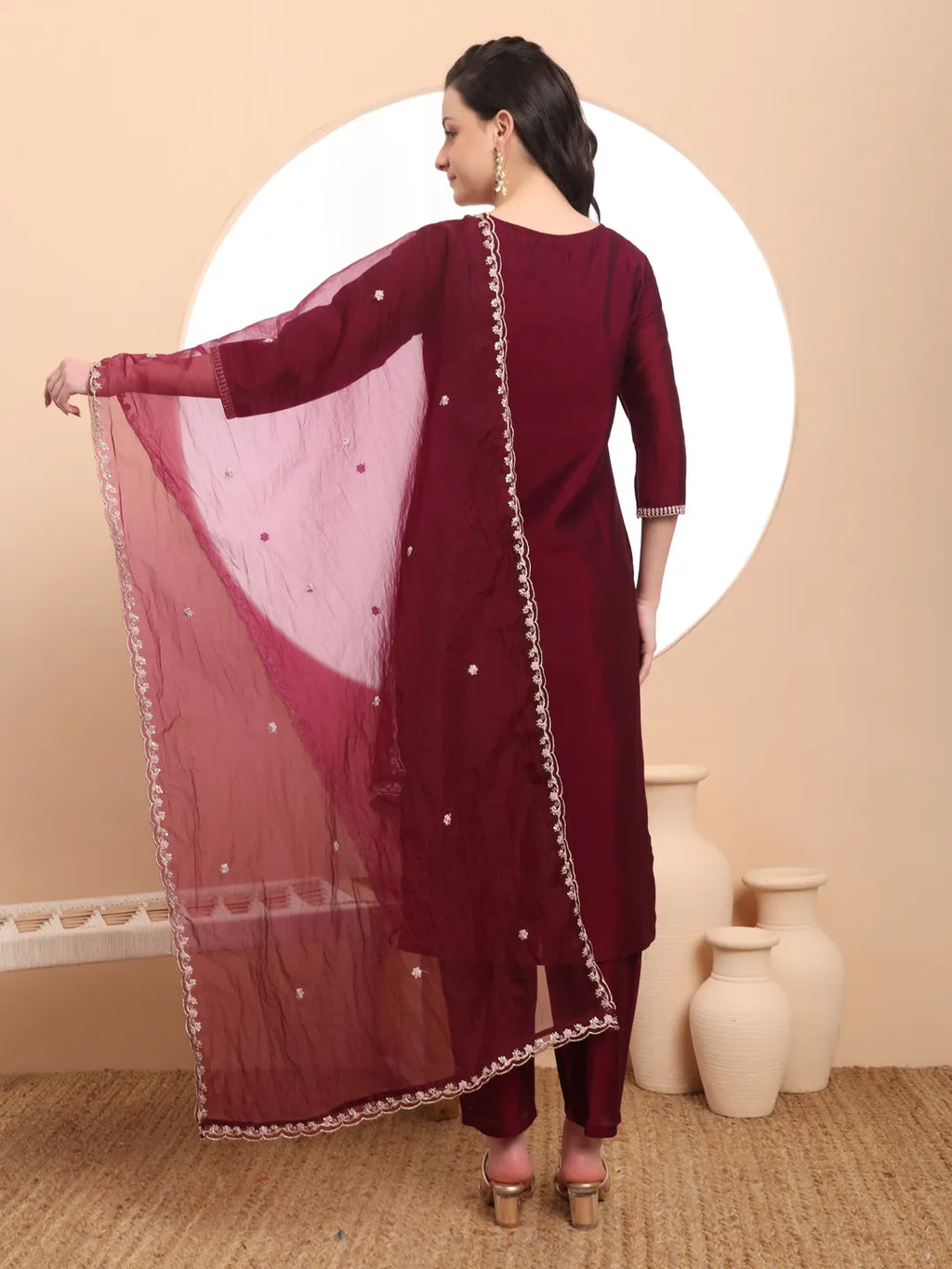 Yufta Burgundy Embroidered Kurta With Pant And Dupatta Comes With Cotton Lining | Grocsy
