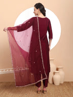 Yufta Burgundy Embroidered Kurta With Pant And Dupatta Comes With Cotton Lining | Grocsy