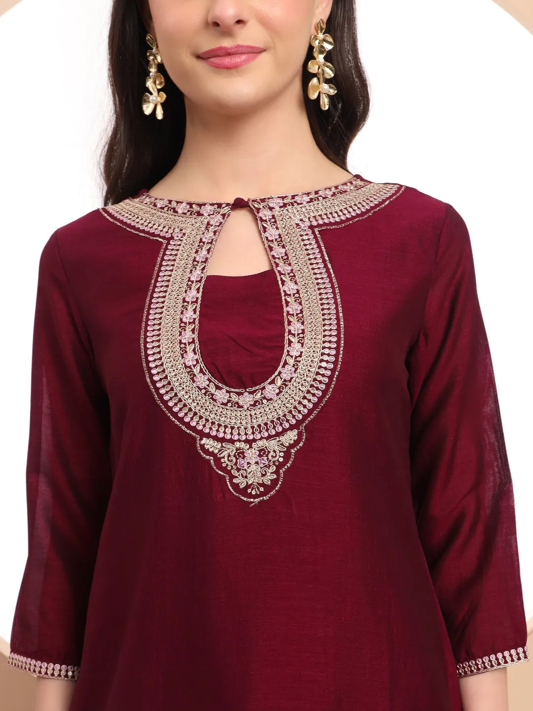 Yufta Burgundy Embroidered Kurta With Pant And Dupatta Comes With Cotton Lining | Grocsy