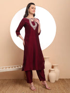 Yufta Burgundy Embroidered Kurta With Pant And Dupatta Comes With Cotton Lining | Grocsy