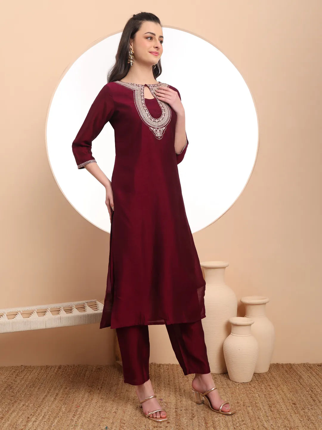 Yufta Burgundy Embroidered Kurta With Pant And Dupatta Comes With Cotton Lining | Grocsy