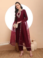 Yufta Burgundy Embroidered Kurta With Pant And Dupatta Comes With Cotton Lining | Grocsy