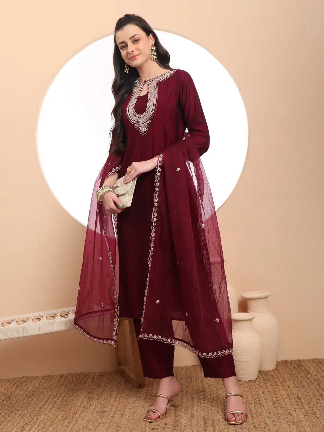 Yufta Burgundy Embroidered Kurta With Pant And Dupatta Comes With Cotton Lining | Grocsy