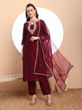 Yufta Burgundy Embroidered Kurta With Pant And Dupatta Comes With Cotton Lining | Grocsy