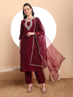 Yufta Burgundy Embroidered Kurta With Pant And Dupatta Comes With Cotton Lining | Grocsy