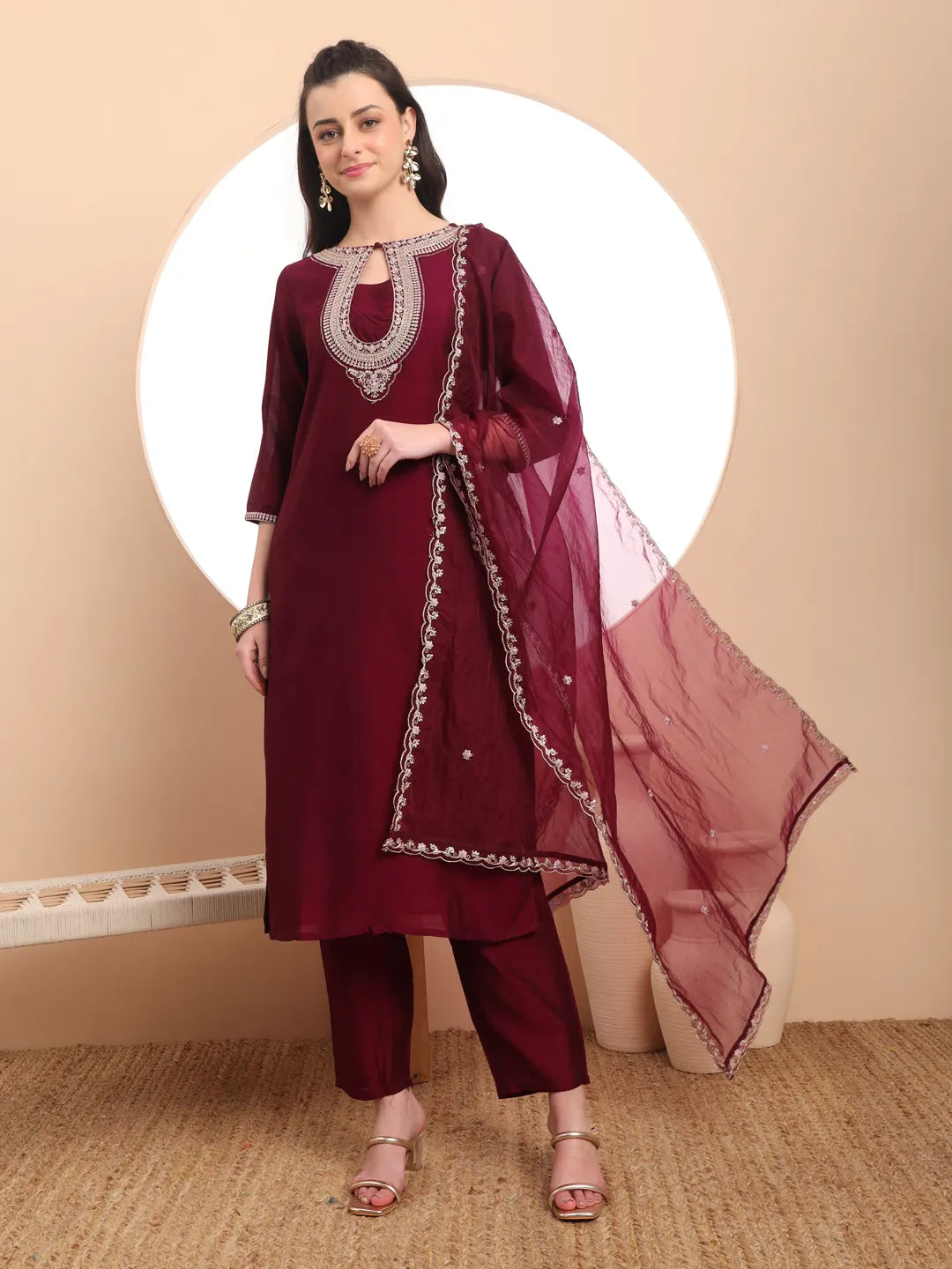 Yufta Burgundy Embroidered Kurta With Pant And Dupatta Comes With Cotton Lining | Grocsy