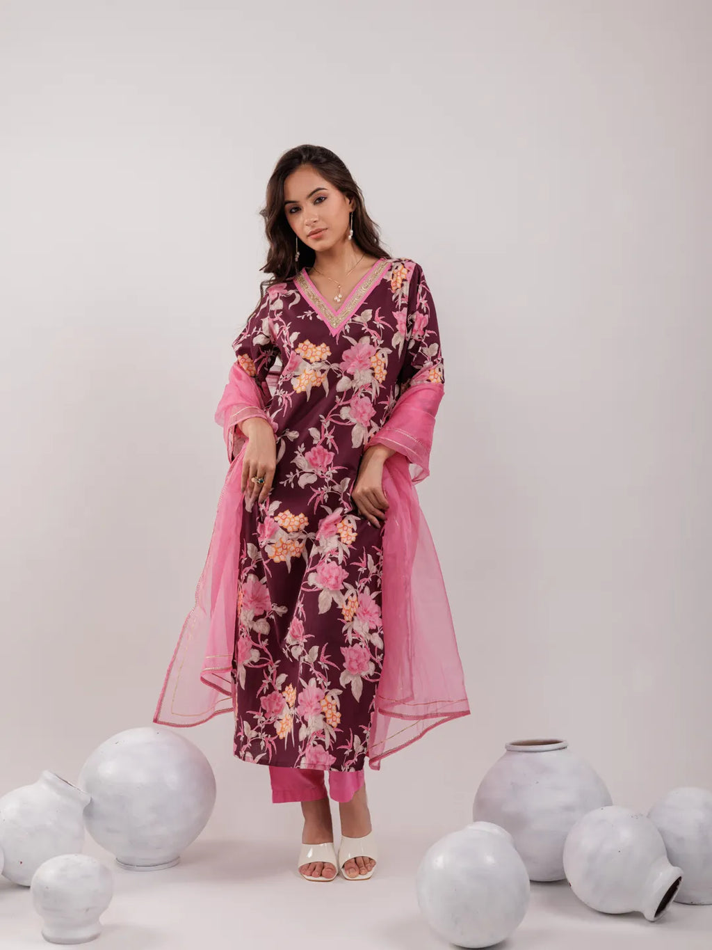 Yufta Burgundy Floral Print Cotton Straight Kurta Trouser With Dupatta Set | Grocsy
