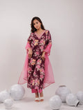 Yufta Burgundy Floral Print Cotton Straight Kurta Trouser With Dupatta Set | Grocsy