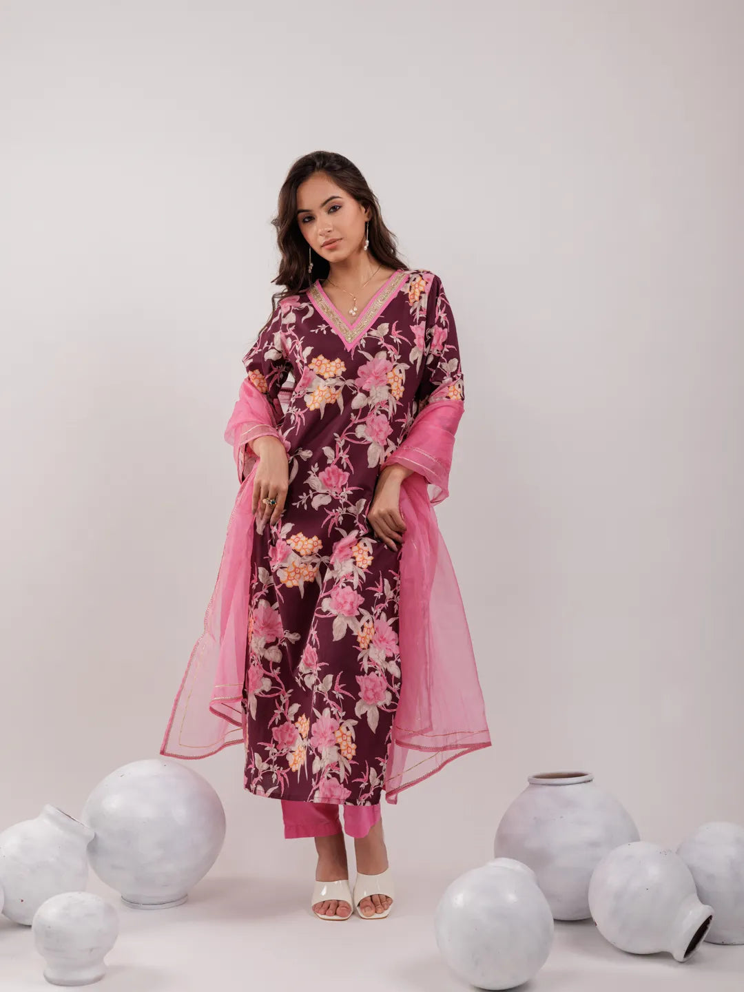 Yufta Burgundy Floral Print Cotton Straight Kurta Trouser With Dupatta Set | Grocsy