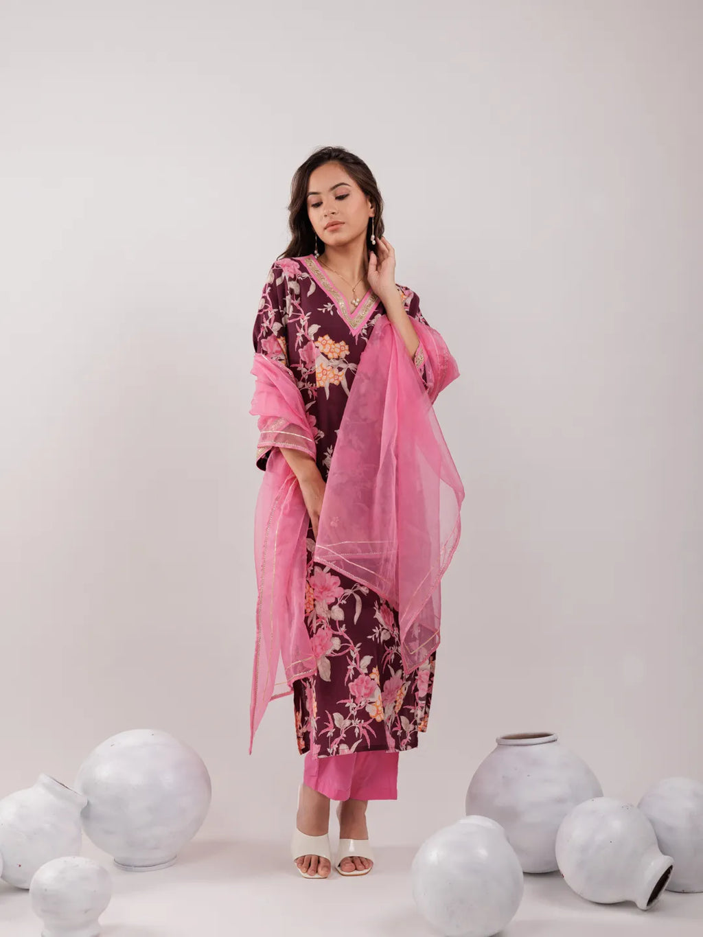 Yufta Burgundy Floral Print Cotton Straight Kurta Trouser With Dupatta Set | Grocsy