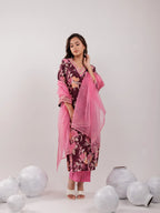 Yufta Burgundy Floral Print Cotton Straight Kurta Trouser With Dupatta Set | Grocsy