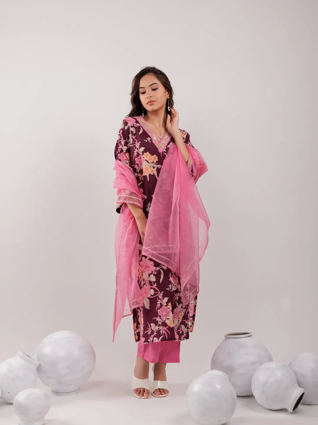 Yufta Burgundy Floral Print Cotton Straight Kurta Trouser With Dupatta Set | Grocsy