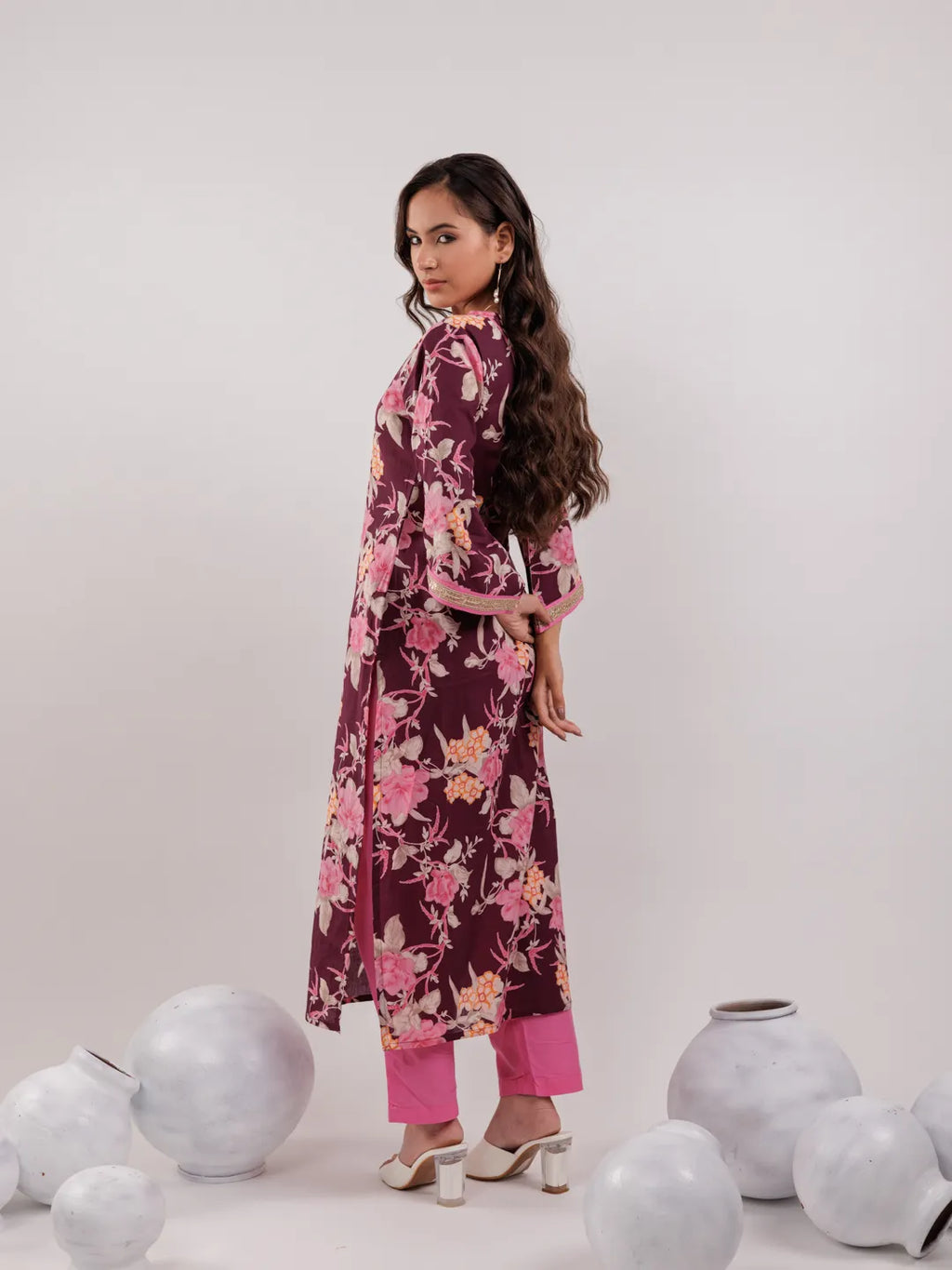 Yufta Burgundy Floral Print Cotton Straight Kurta Trouser With Dupatta Set | Grocsy