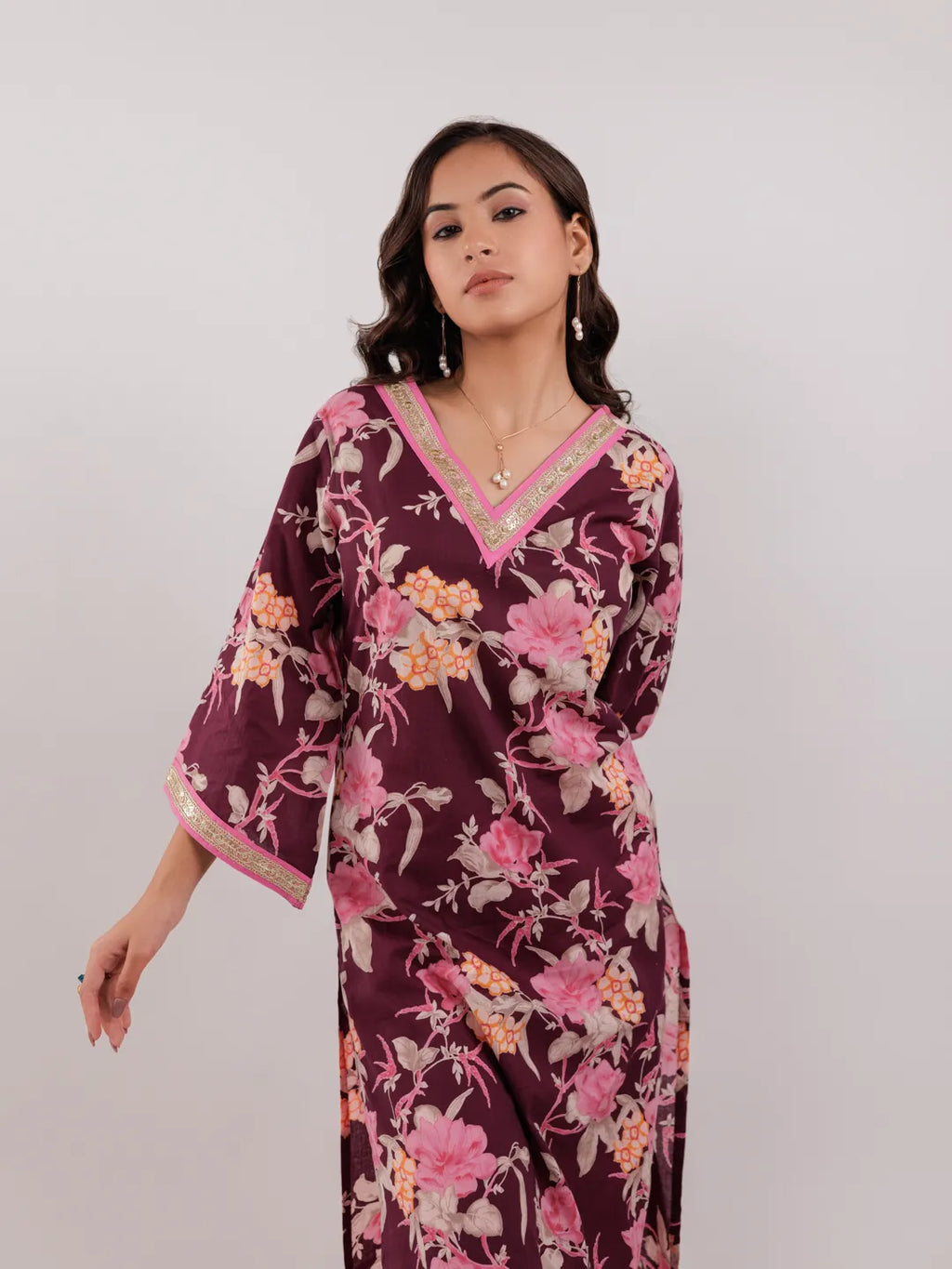 Yufta Burgundy Floral Print Cotton Straight Kurta Trouser With Dupatta Set | Grocsy