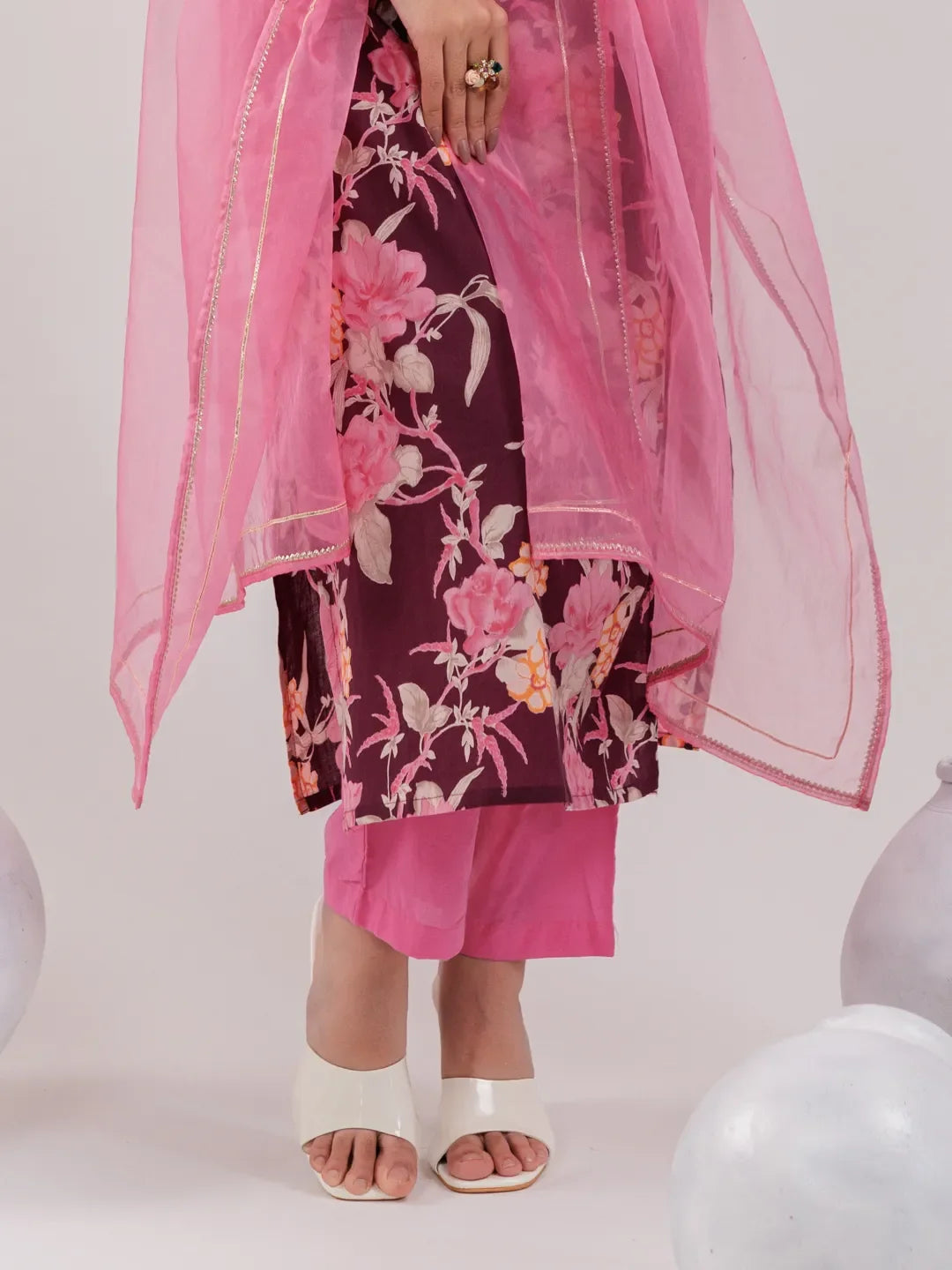 Yufta Burgundy Floral Print Cotton Straight Kurta Trouser With Dupatta Set | Grocsy