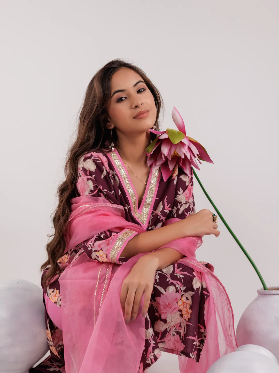 Yufta Burgundy Floral Print Cotton Straight Kurta Trouser With Dupatta Set | Grocsy