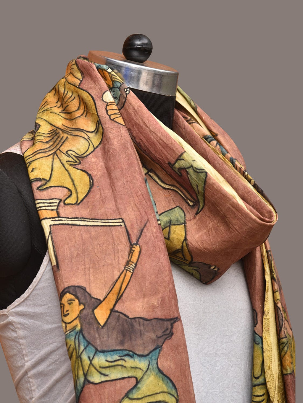 Burgundy Kalamkari Hand Painted Kanchipuram Silk Handloom Dupatta with Painting Design - Global Threads | Grocsy