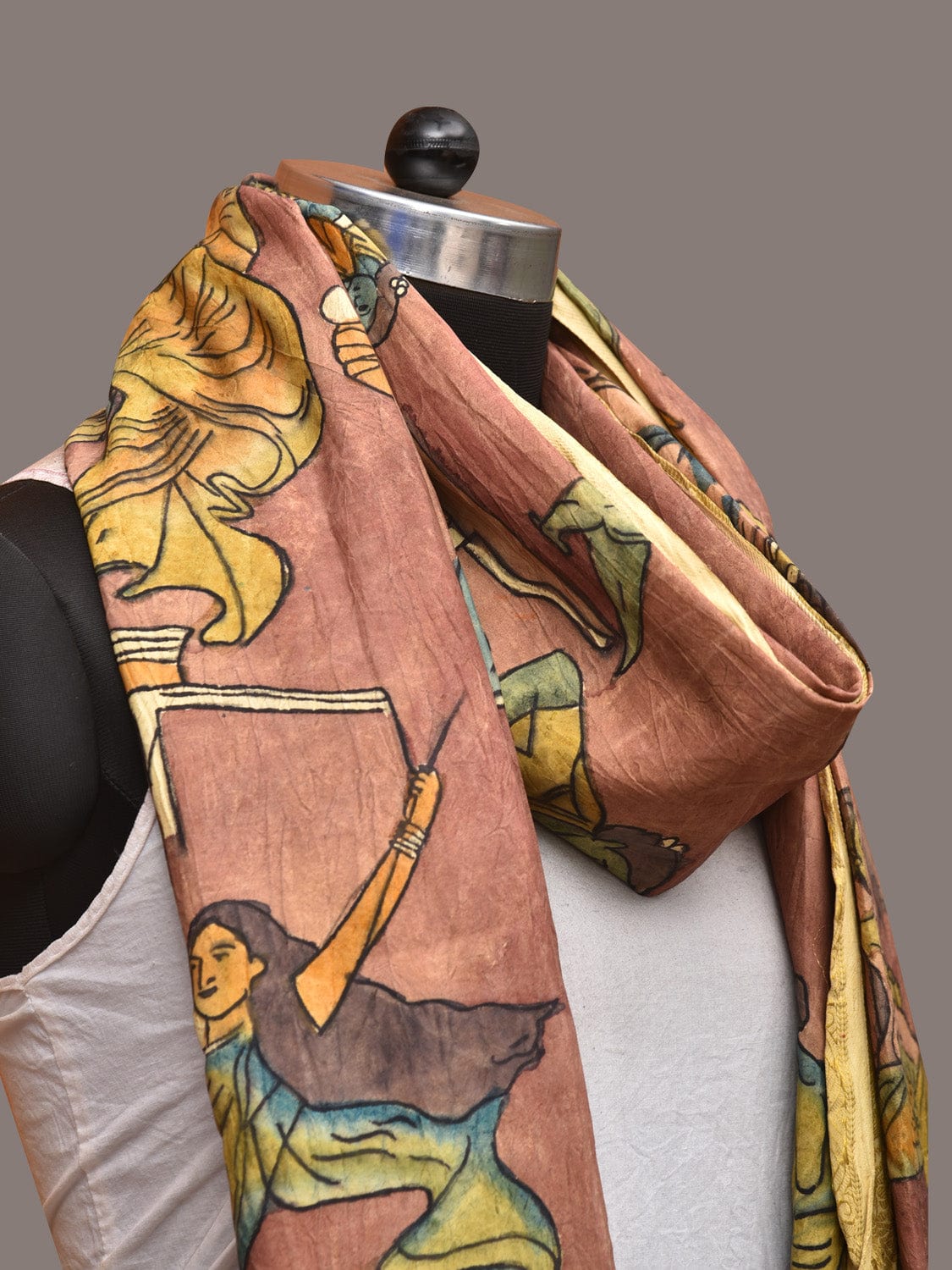 Burgundy Kalamkari Hand Painted Kanchipuram Silk Handloom Dupatta with Painting Design - Global Threads | Grocsy