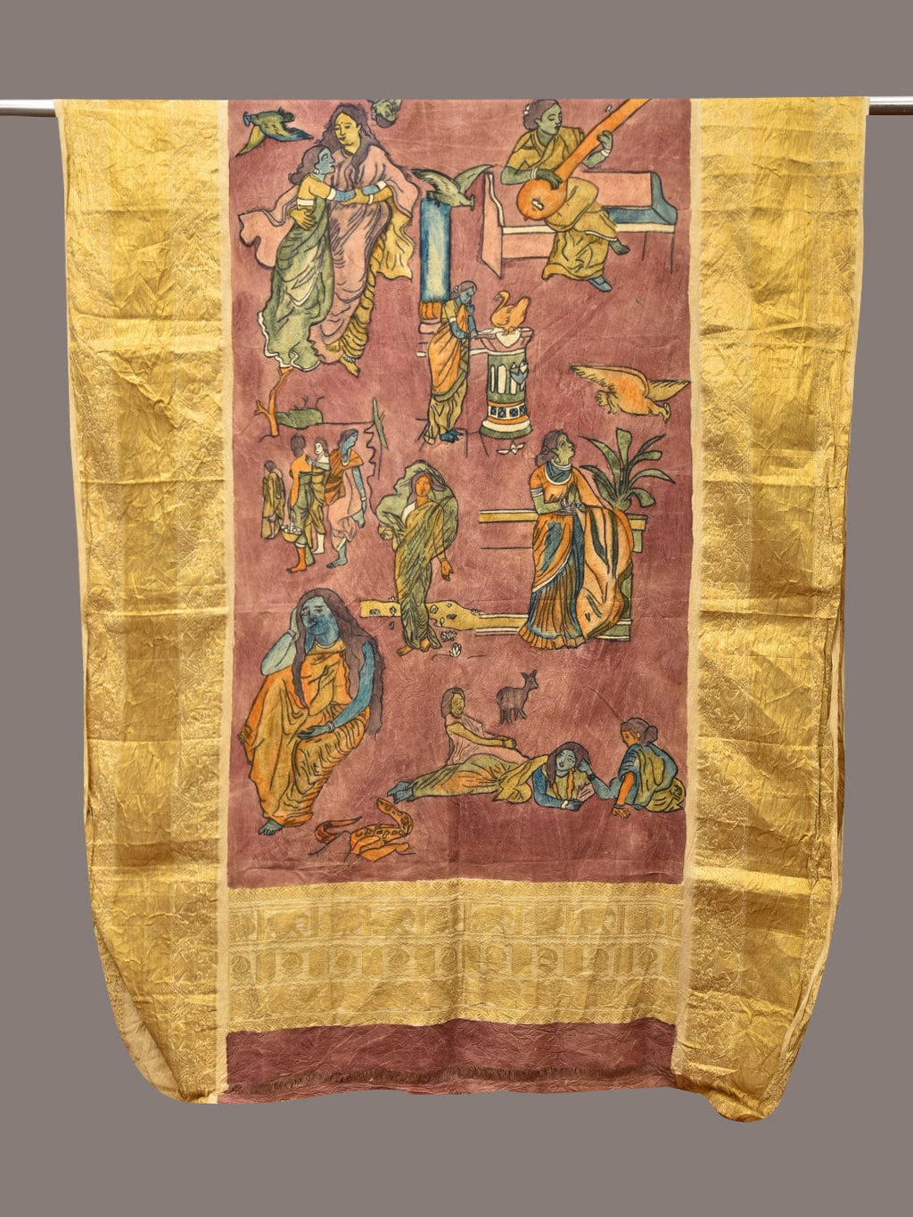 Burgundy Kalamkari Hand Painted Kanchipuram Silk Handloom Dupatta with Painting Design - Global Threads | Grocsy