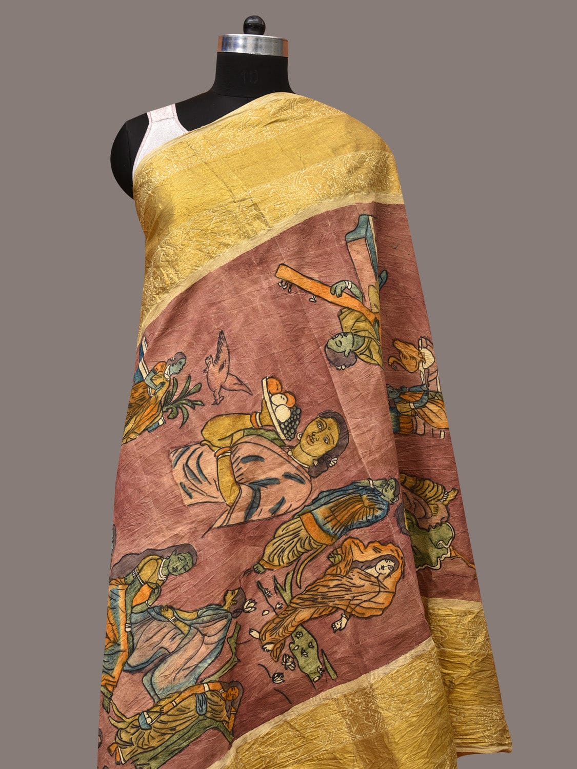Burgundy Kalamkari Hand Painted Kanchipuram Silk Handloom Dupatta with Painting Design - Global Threads | Grocsy