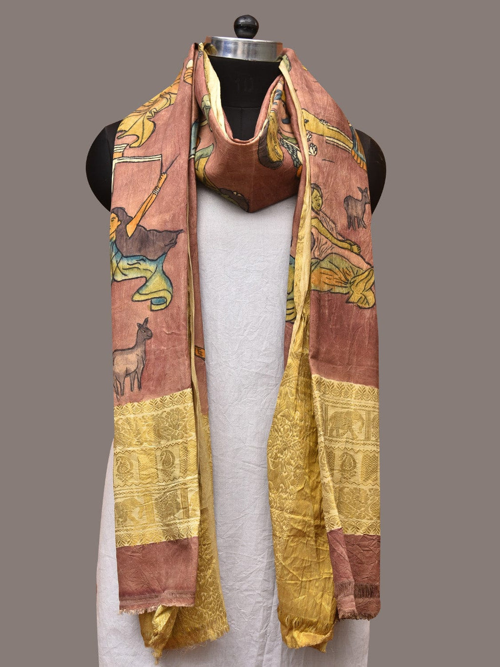 Burgundy Kalamkari Hand Painted Kanchipuram Silk Handloom Dupatta with Painting Design - Global Threads | Grocsy
