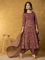 Yufta Burgundy Sequins_Work Cotton Anarkali Kurta Dupatta Set | Grocsy