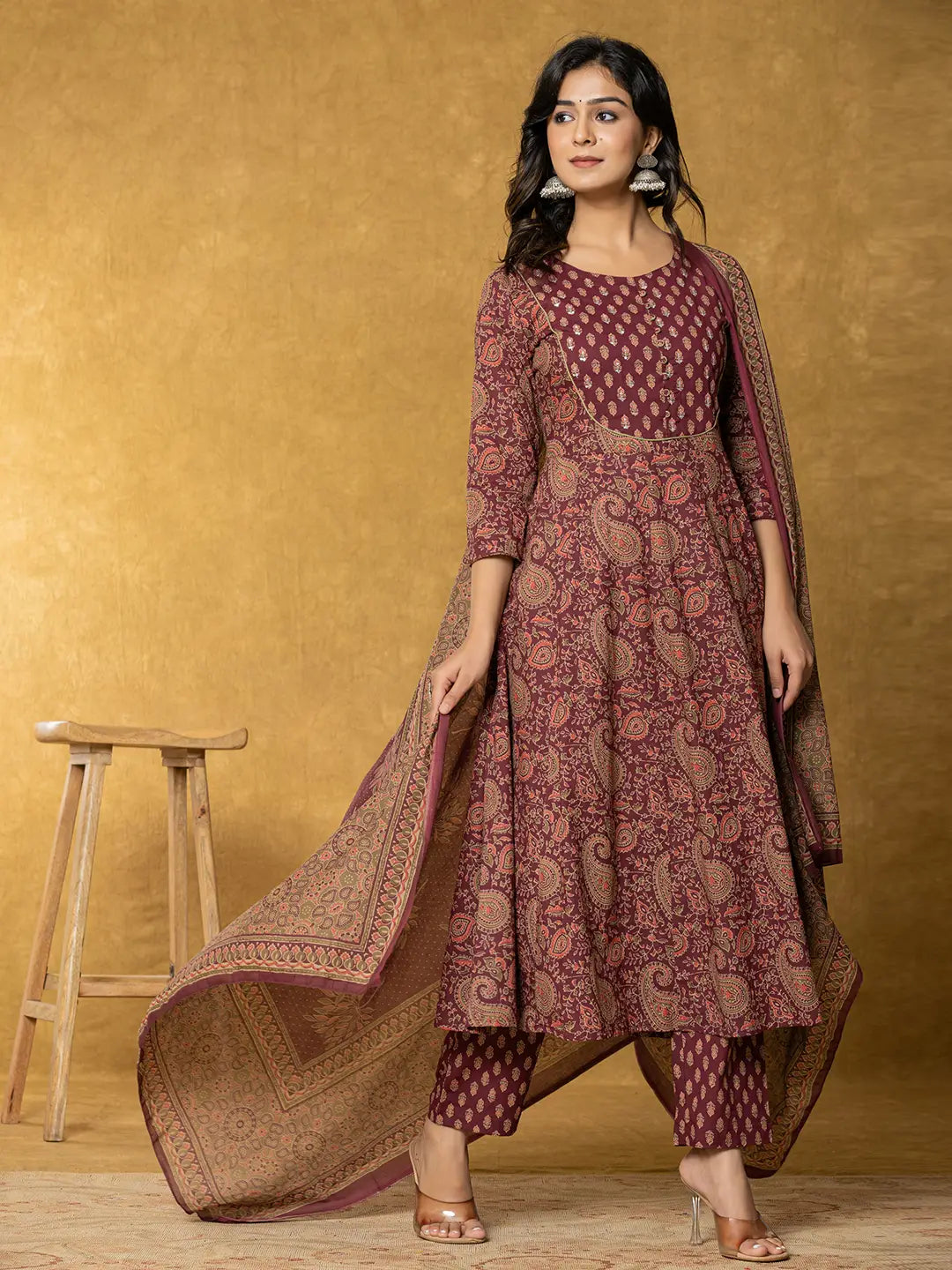 Yufta Burgundy Sequins_Work Cotton Anarkali Kurta Dupatta Set | Grocsy