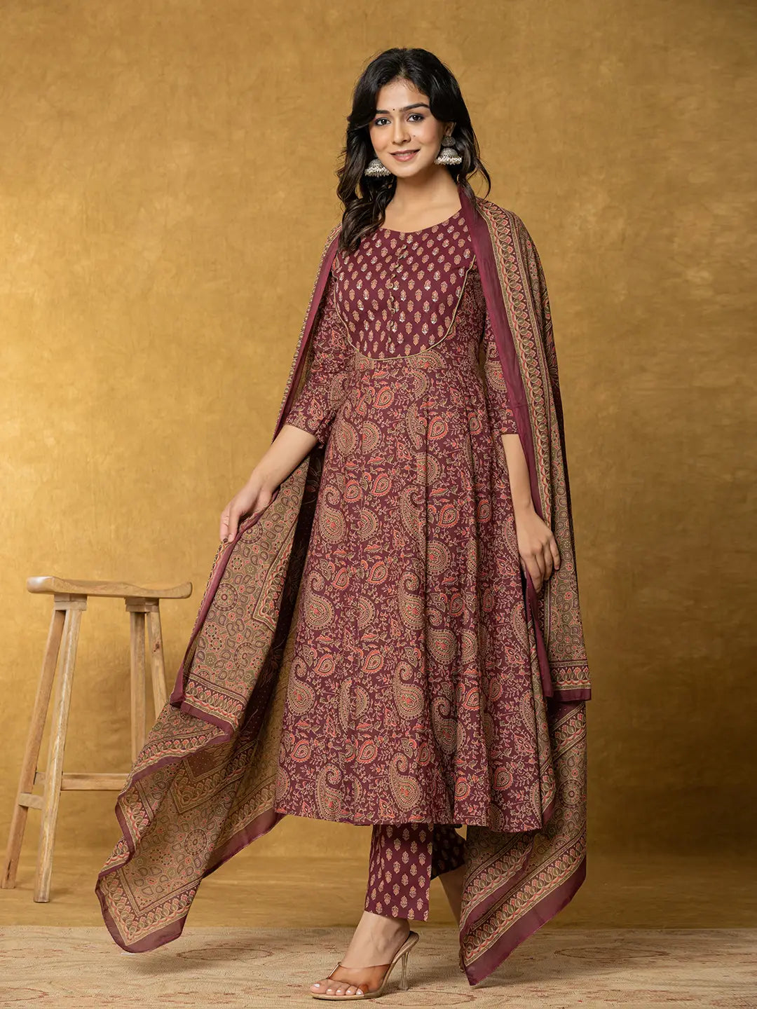 Yufta Burgundy Sequins_Work Cotton Anarkali Kurta Dupatta Set | Grocsy