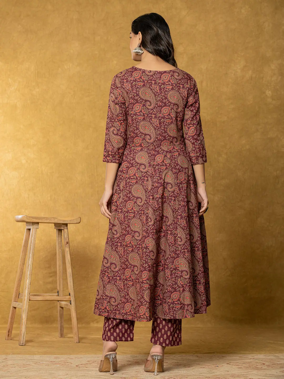 Yufta Burgundy Sequins_Work Cotton Anarkali Kurta Dupatta Set | Grocsy
