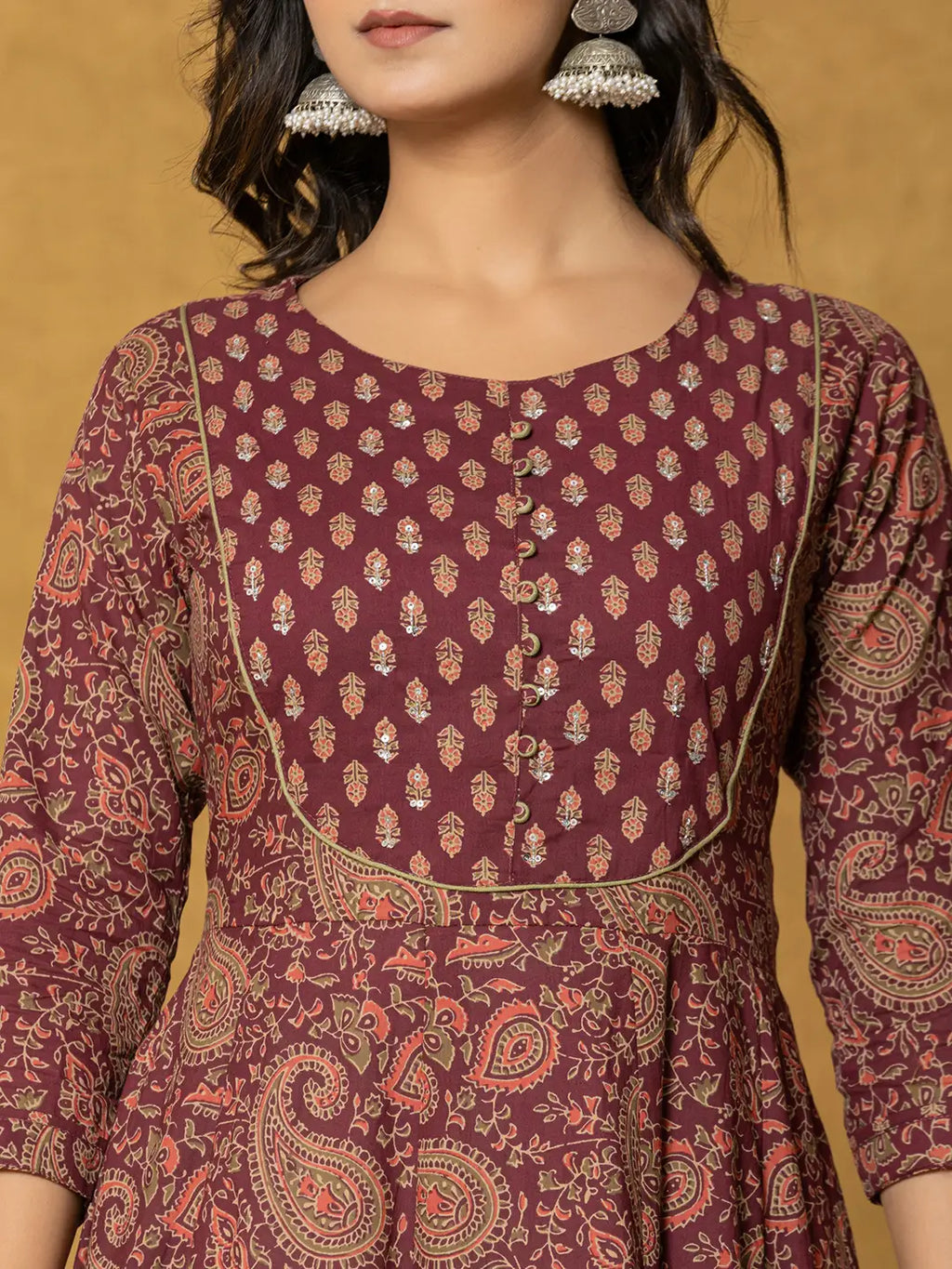 Yufta Burgundy Sequins_Work Cotton Anarkali Kurta Dupatta Set | Grocsy