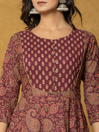 Yufta Burgundy Sequins_Work Cotton Anarkali Kurta Dupatta Set | Grocsy