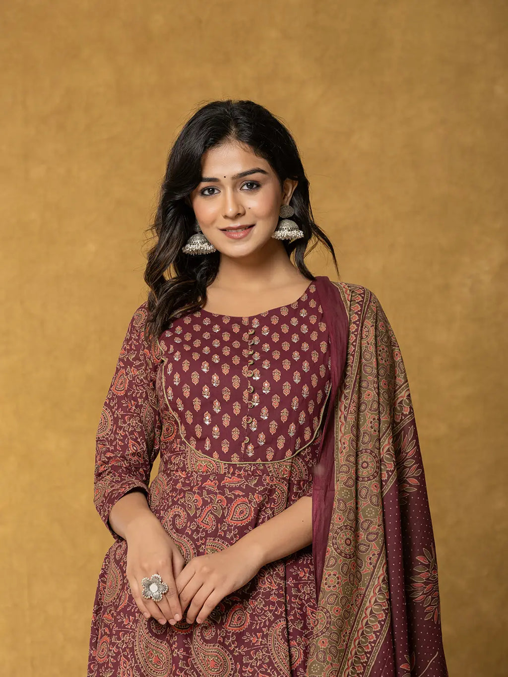 Yufta Burgundy Sequins_Work Cotton Anarkali Kurta Dupatta Set | Grocsy