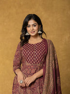Yufta Burgundy Sequins_Work Cotton Anarkali Kurta Dupatta Set | Grocsy
