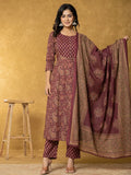 Yufta Burgundy Sequins_Work Cotton Anarkali Kurta Dupatta Set | Grocsy