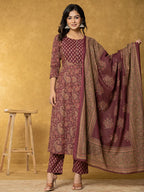 Yufta Burgundy Sequins_Work Cotton Anarkali Kurta Dupatta Set | Grocsy