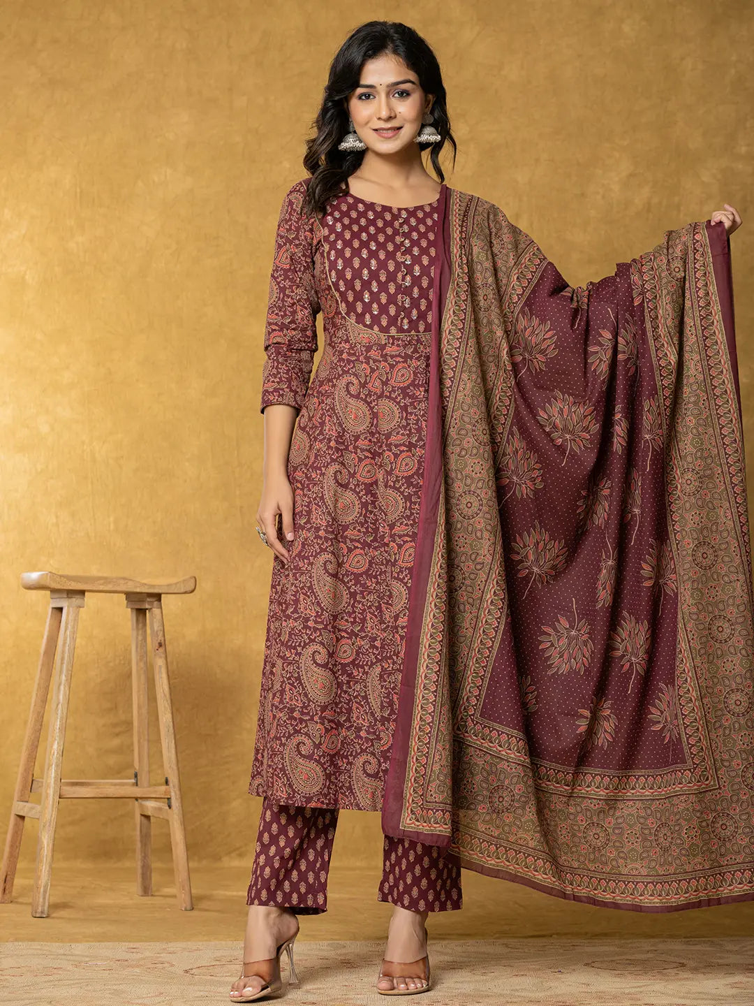Yufta Burgundy Sequins_Work Cotton Anarkali Kurta Dupatta Set | Grocsy