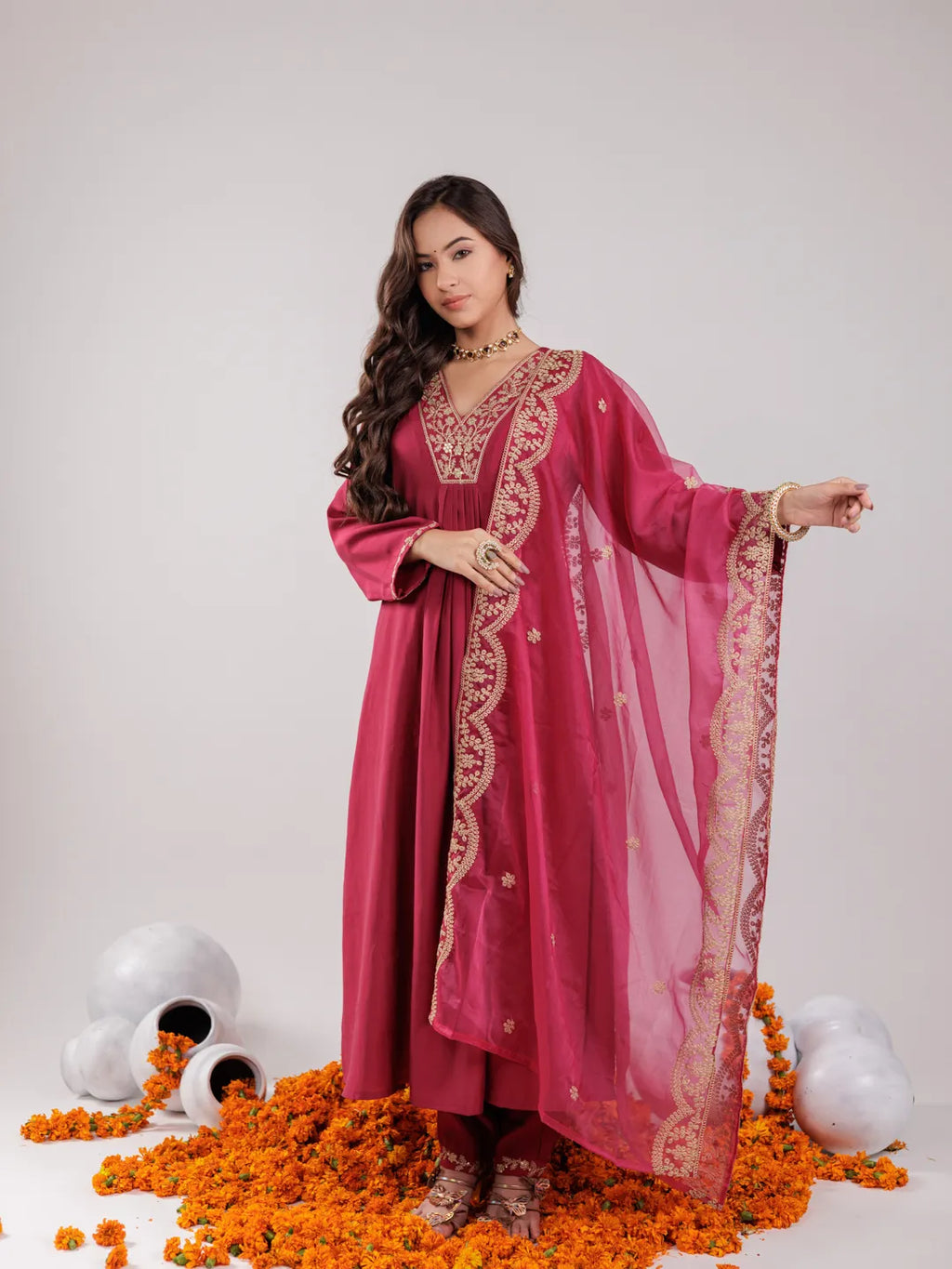 Yufta Hot Pink Silk Embroidered Kurta Dupatta Set | Grocsy