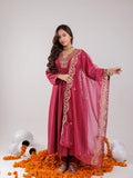 Yufta Hot Pink Silk Embroidered Kurta Dupatta Set | Grocsy