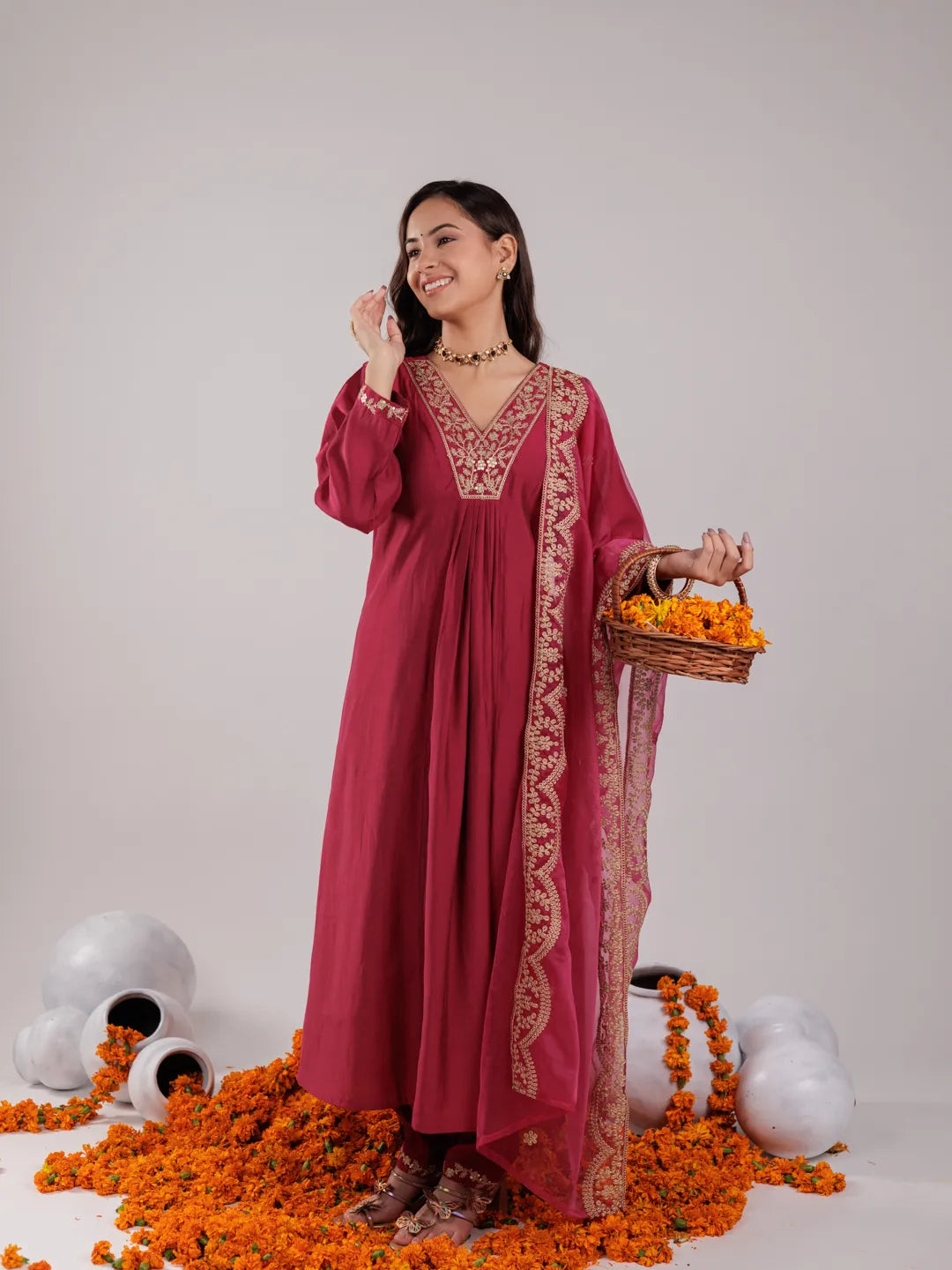 Yufta Hot Pink Silk Embroidered Kurta Dupatta Set | Grocsy
